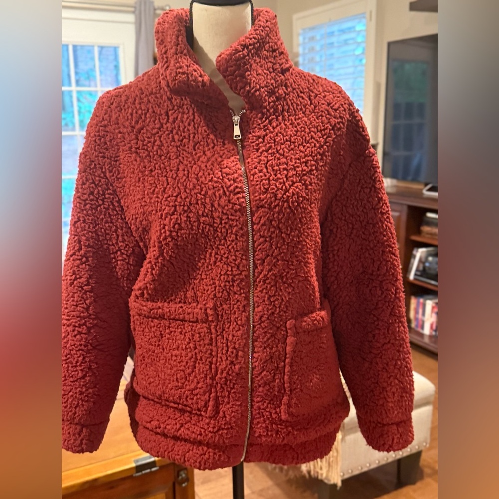 Red Teddy Jacket with Stand-Up Collar and Plush Fleece